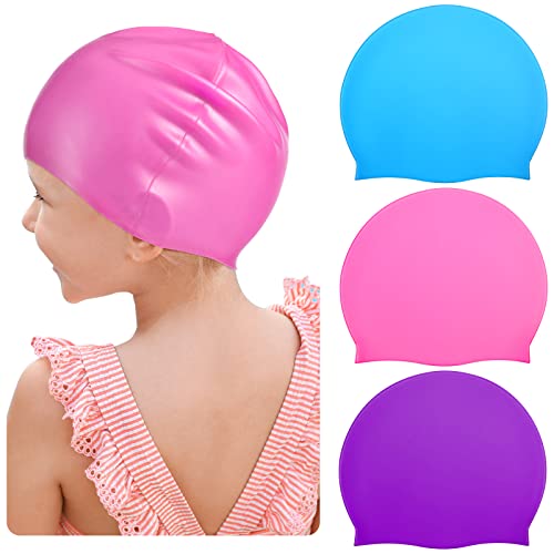 Kids Swim Cap Silicone Long Hair Waterproof for Girls Boys - Pink, Light Blue, Purple