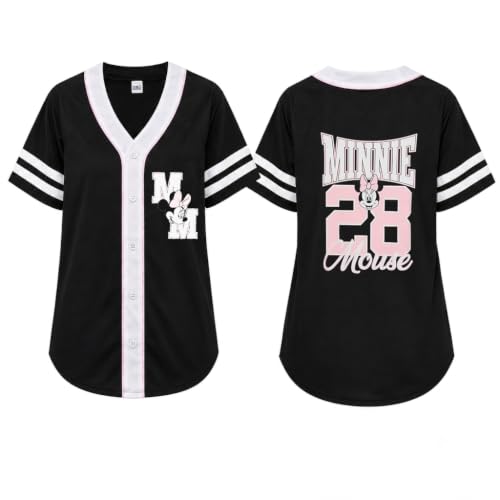 Women's Black Large Minnie Baseball Jersey - Short Sleeve Button Down Graphic Tee
