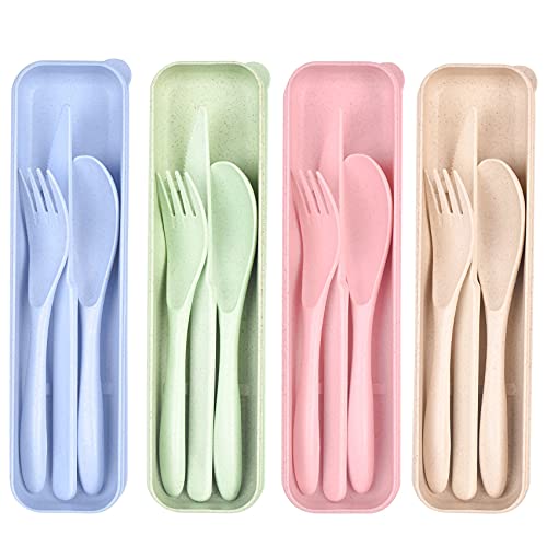 Reusable Cutlery Set with Case - 4 Travel Utensils in Pink, Blue, Beige, Green