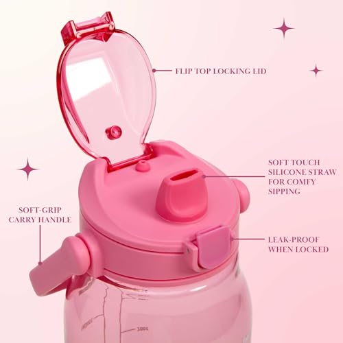 Motivational Water Bottle with Straw & Flip-Top Lid - 50 Ounce, Pink