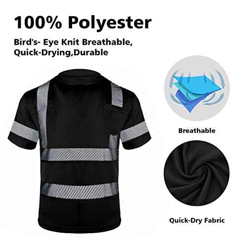 VENDACE Safety Shirts for Men 3 Pack High Visibility Reflective Hi Vis Short Sleeve Work Shirt Black (Black,L)
