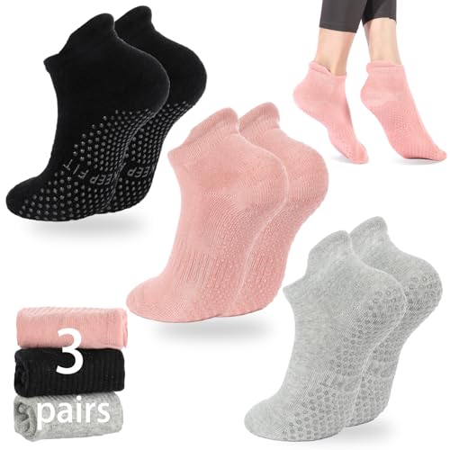 Non-Slip Pilates Socks with Grips - Cotton Yoga Barre Socks - Grey/Black/Pink