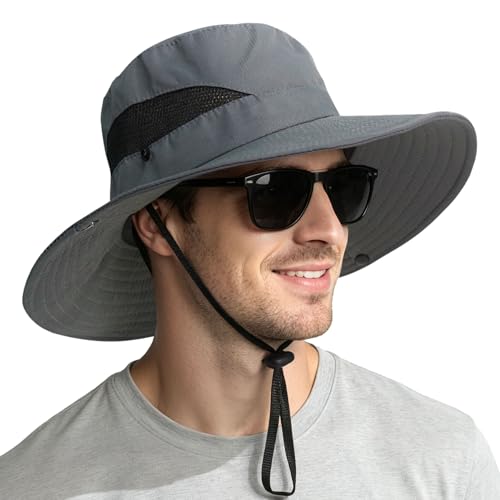 Wide Brim Sun Hat - UPF 50+ UV Protection for Men & Women - Dark Gray with Mesh