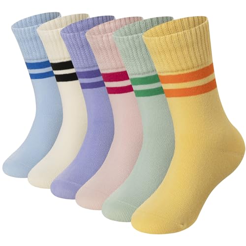 Eyean Girls Athletic Crew Socks 6 Pairs for Kids 9-13 Years Striped D