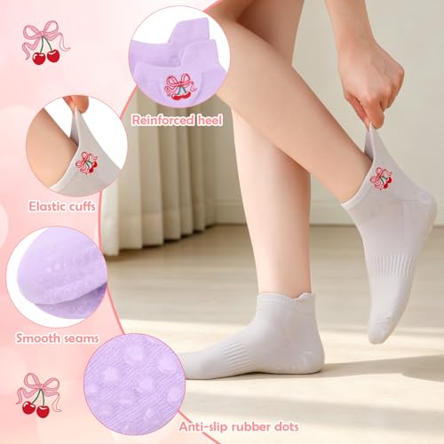 Grippy Non-Slip Pilates Socks for Women - 6 Pairs Red Cherry