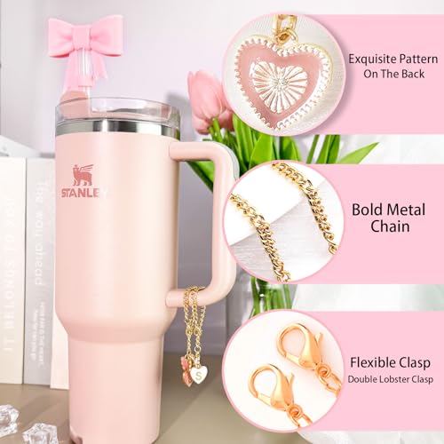 Pink Bow Straw Cover with Initial Letter Charms - 3pcs for Stanley 10mm