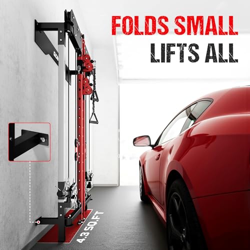 Folding Squat Rack - Wall Mounted Power Rack with Dual Pulley System - WM3 Folding Cage Red