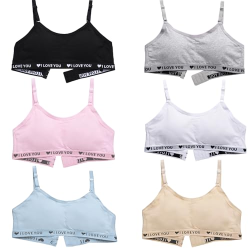YoBeLove Girls' 10-12 Years Cotton Wireless Light Padded Sports Bras 6 Pack Multicolor