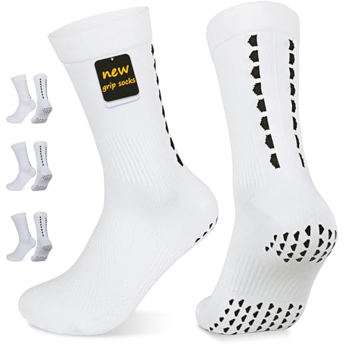 Compression Soccer Socks - Non-slip Grip, Quick-drying - Large, White (3 Pairs)