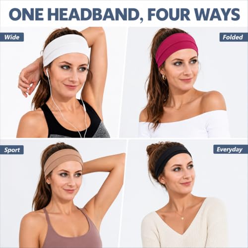 8-Pack Wide Elastic Hair Headbands - Soft Stretchy Sweatbands - Multi-Color