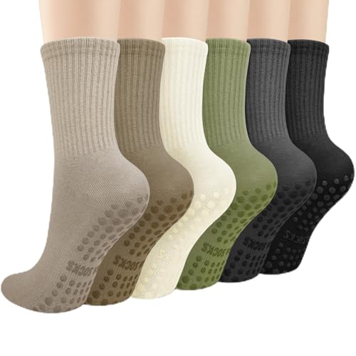 Non-Slip Pilates Socks with Grips for Women - 6 Pairs, Dark Grey+Light Grey+Khaki+White+Pickles Green+Black
