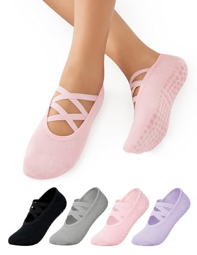 Womens Pilates Socks with Grips - 4 Pairs, Anti-Slip - Black, Grey, Pink, Purple