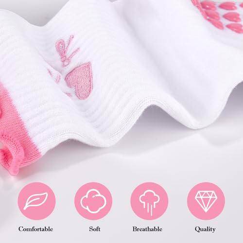 Yoga Grip Socks for Women - Cute Embroidery Pattern, Pink Ruffles