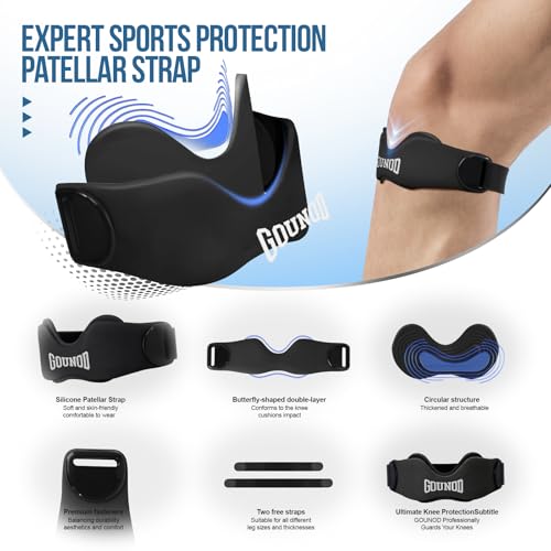 GOUNOD Black Patellar Tendon Support Strap 2 Pack - Knee Pain Relief, Adjustable Silicone Knee Brace for Running, Jumping, Sports