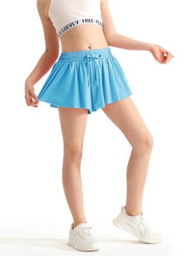 Flowy Athletic Shorts with Pocket & Drawstring - 2 in 1 Butterfly Skirts for Girls 12-13 Years - Lakeblue
