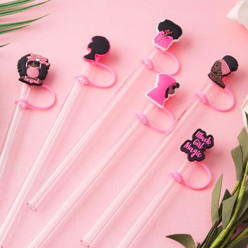 Cute Black Girl Straw Cover Caps - 6 Pcs Pink & Black Set for Stanley Cups