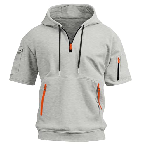 Men's Half Zip Hoodie - Summer Short Sleeve Sweatshirt - Medium Light Gray