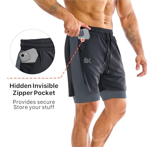 BROKIG Men's 2-in-1 Quick Dry Gym Running Shorts with Liner - Medium, Black & Dark Grey