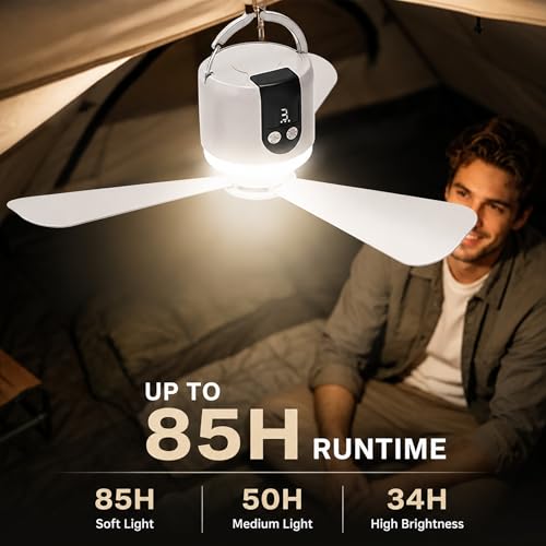 Geonfi 18” Camping Ceiling Fan with Light & Remote, 15600mAh Battery, Hangable Tent Fan, White - 45.72cm