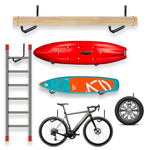 HOME MASTER HARDWARE Heavy Duty 9" Jumbo Arm Garage Wall Hooks 4 Pack ? 50Lbs Ladder Hangers, Wall Mount Utility Storage for Bikes, Folding Chairs, Kayaks & Bulk Items