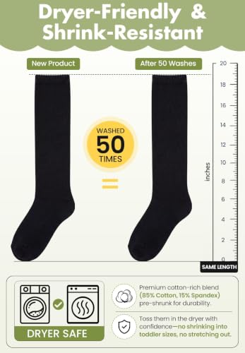 Kids Soccer Socks - 2 Pack Knee High Cotton Socks for Ages 10-12 - Black