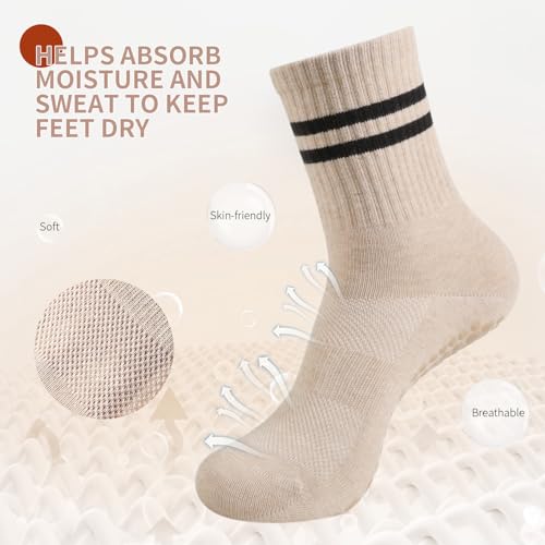 Pilates Socks for Women with Grips - 4 Pairs, Sizes 6-9/9-11, Khaki+Gray+Black+White