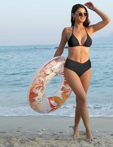 V-Waist Crossover Bikini Bottoms for Women - Mid Rise - Black, Large