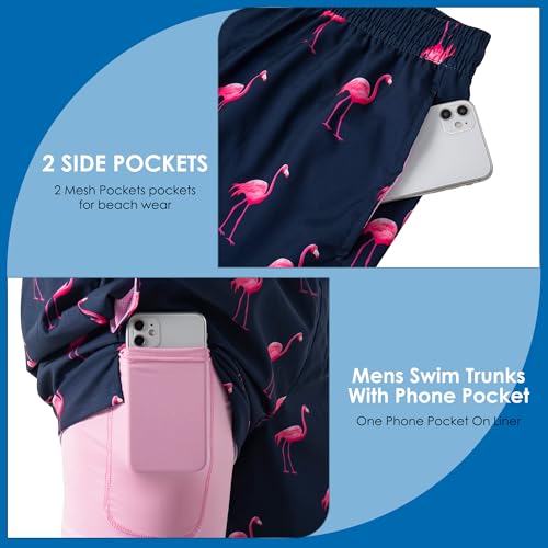 Men's 2-in-1 Swim Trunks Quick Dry Beach Shorts with Pockets - Shark Pink, Small