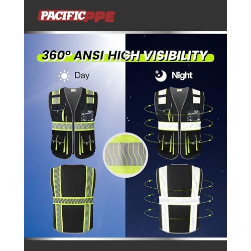 PACIFIC 10 Pockets Class 1 Safety Vest for Men, 3M High Visibility Reflective Strips, Meets ANSI/ISEA Standard, Black, X-Large
