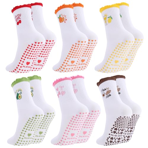 Non-Slip Pilates Grip Socks for Women - 6-Pair Set - Fruit & Ruffles