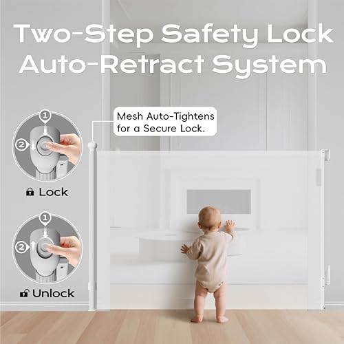 Retractable Baby Gate for Stairs, 55" Wide 38" High Pet Gate with Auto-Retract System, One-Hand Operation, Mesh Baby Gate for Doorways, Hallways, Decks, Indoor & Outdoor, White