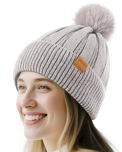 Women's Winter Beanie Hat, Fleece Lined Knit Cap with Faux Fur Pom Pom - Lightgrey