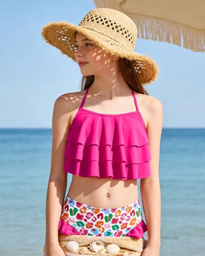 Girls 2-Piece Ruffled Bikini Set - Adjustable Straps, Red, 7-8 Years