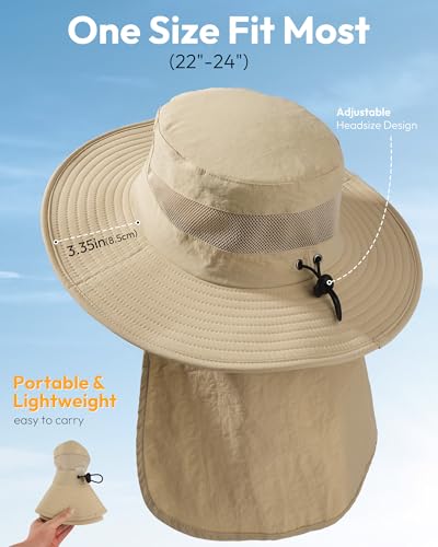 One Size Khaki Sun Hat for Men with Wide Brim & Neck Flap - UV Protection for Fishing & Hiking