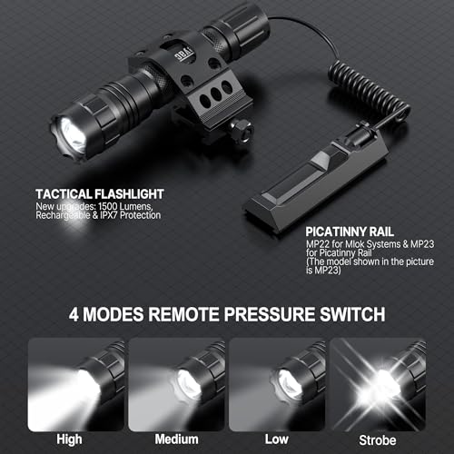 Feyachi 1500 Lumen LED Tactical Flashlight Rechargeable IPX7 Protection 4 Modes Weapon Light Picatinny Rail Flashlight Included with Pressure Switch