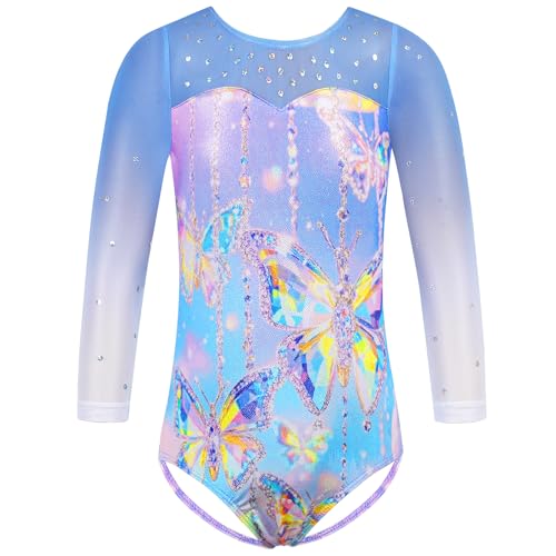Gymnastics Leotard for Girls - Sequin Mesh 3/4 Sleeve, 7-8 Years Blue Butterfly