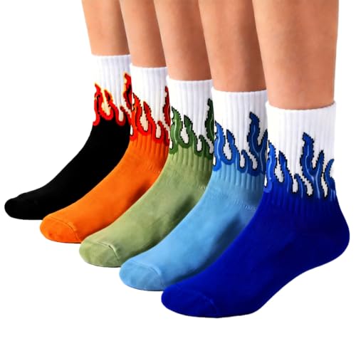 Kids Flame Socks 5 Pairs - Colorful Fire Pattern Crew Socks, 4-5 Years, Lirpazelyx