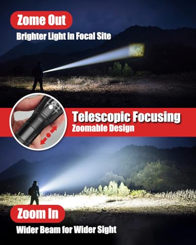 High Lumens LED Flashlight 2 Pack - Waterproof & Zoomable - Black