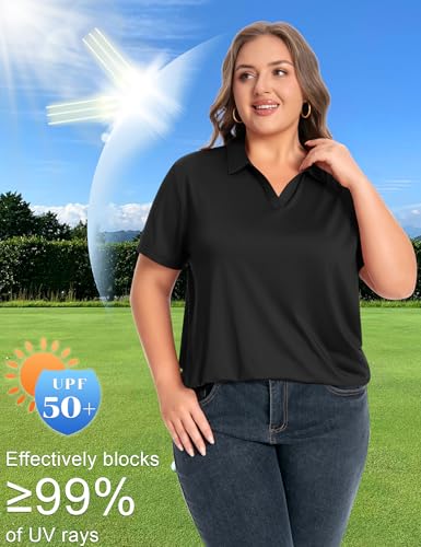 Idtswch Women's Plus Size Black 2X V-Neck Short Sleeve Golf Polo UPF 50+ Quick Dry
