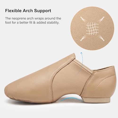 Leather Dance Shoes for Women - Split Sole, Arch Support, Tan 8.5/7.5