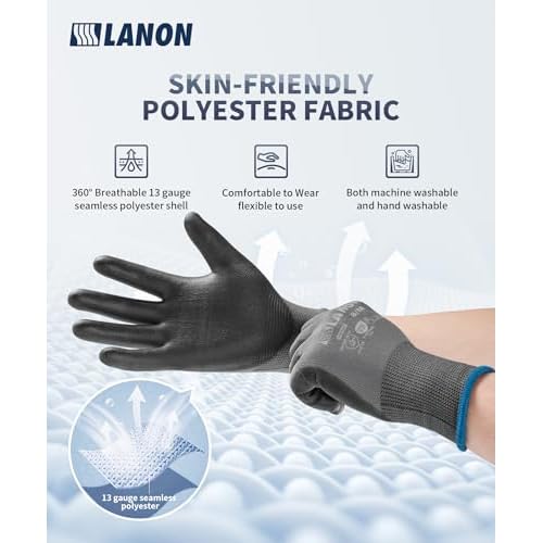 LANON 18 Pairs Safety Work Gloves, Mechanic Working Gloves for Men,Breathable PU Coated, Seamless Knit,Double Wash, Grey, Large