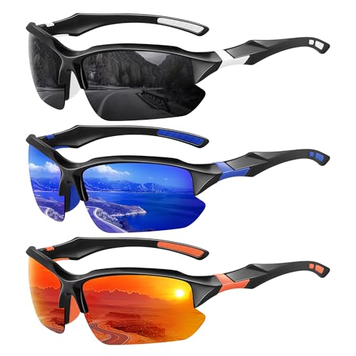 Polarized Sports Sunglasses for Men - 3 Pack Half Frame - Black/Blue/Red Mirror