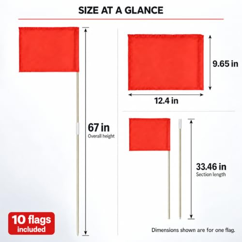 Red Soccer Corner Flags Set of 10 - 67-Inch Fiberglass Field Flags with Ground Insert, For Soccer & Sports Fields - SAWHOX