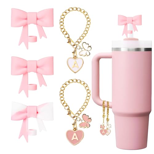 Pink Bow Straw Cover with Initial Letter Charms - 3pcs for Stanley 10mm