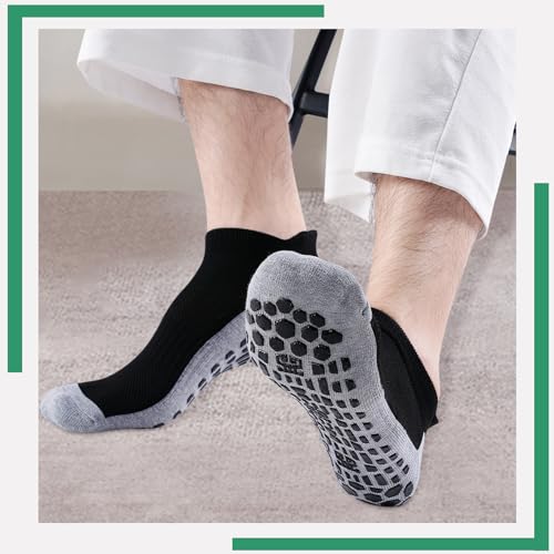 Men's Non-Slip Gripper Socks - Ankle Low Cut, 3 Pairs, Black (Size 10-12)