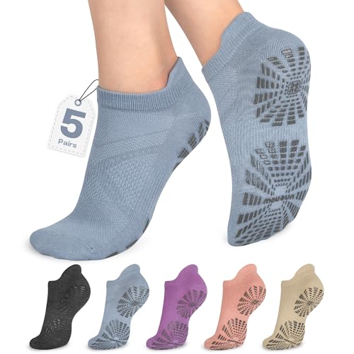 Non-Slip Pilates Socks with Grips for Yoga - 5 Pairs Dark Grey/Blue/Purple/Pink/Beige