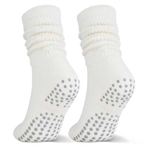 Non-Slip Grip Slouchy Scrunch Socks for Yoga & Pilates - Size 6-12 White