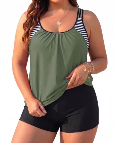 Holipick Women's Plus Size Army Green Tankini Swimsuit 16 Plus Tummy Control Two-Piece Bathing Suit