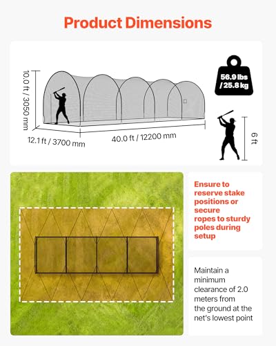 40 FT Portable Baseball Batting Cage - Fiberglass Net & Frame