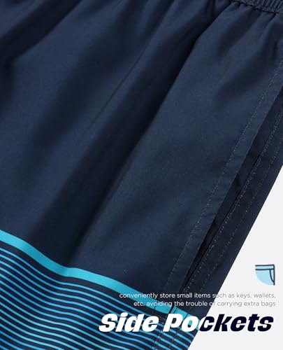 CoozySphere Men's 7-Inch Navy Blue Stripe Quick Dry Board Shorts with Mesh Lining - Large